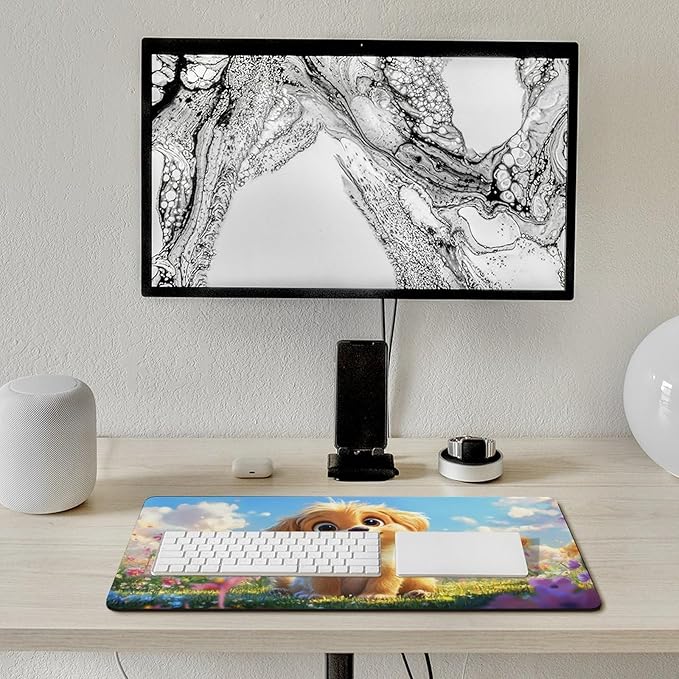 Large Ergonomic Gaming Mouse Pad Fluffy Puppy in Sunny Meadow - Cute Dog Theme with Non-Slip Base Water-Resistant Surface and Stitched Edges 40X75cm