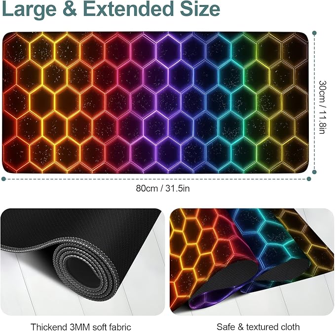 Honeycomb Extended Gaming Mouse Pad 31.5x11.8inches Large Desk Mat Anti-Slip Rubber Base & Durable Stitched Edges for Gamers Smooth Mouse Writing Surface for Desk Office/Home