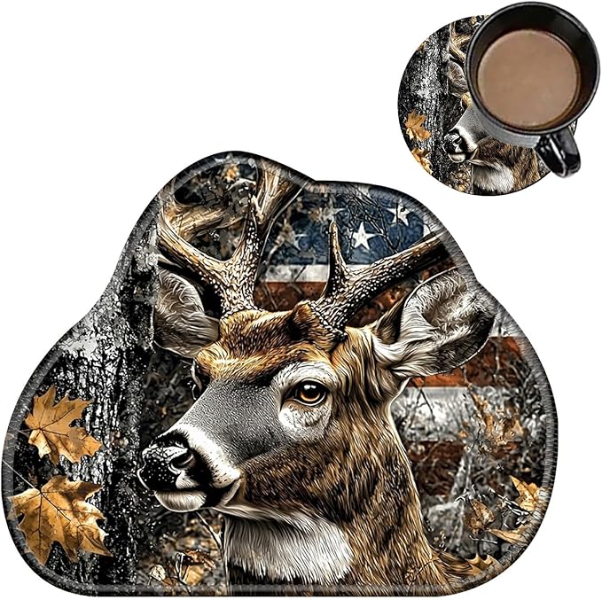 Cute Mouse Pad Plus 1 Coaster, Small Gaming Mouse Mat 11.8 x 9.45 inches, Travel Mouse Pads with Durable Stitched Edges Non-Slip Base, Camo Flag Deer Decor Mousepad for Office Home