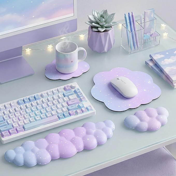 Cloud Mouse Pad Keyboard Wrist Rest for Mouse 4PCS Mini Small Starry Sky Galaxy Desk Mat Pad Set Memory Foam Non-Slip Cute Ergonomic Gaming Mouse Wrist Support for Computer Home Office Purple Blue