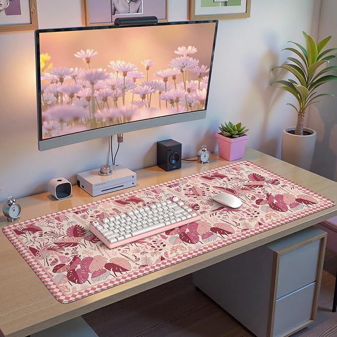 Large Mouse Pad for Desktop, Cute Desk Mat Pad Protector for Work & Gaming, Aesthetic Pretty Anti-Slip Laptop Blotter Cover for Office School Home Supplies, Pink Leaves, 35.4" x 15.7"