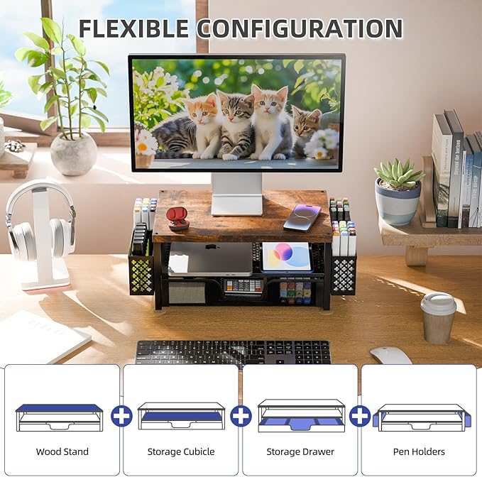 Simple Trending Desk Organizers and Accessories, 2 Tier Monitor Stand Riser with Drawer and 2 Pen Holder for Offices and Dormitories (Wood)