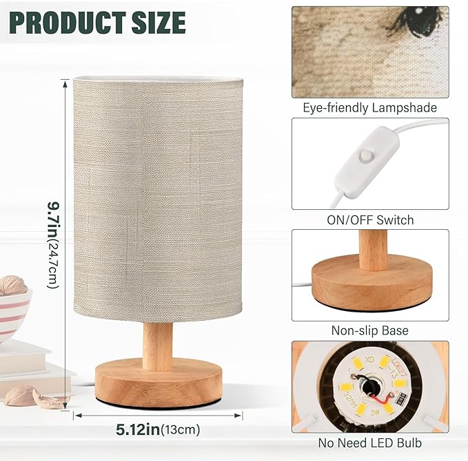 Bear LED Table Lamp, Bedside Lamp with Linen Lampshade, Flicker-Free Eye Care USB Plug in Nightstand Lamp, for Bedroom and Office