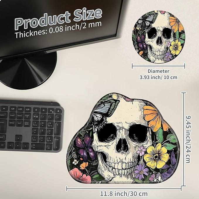 Cute Mouse Pad Plus 1 Coaster, Small Gaming Mouse Mat 11.8 x 9.45 inches, Travel Mouse Pads with Durable Stitched Edges Non-Slip Base, Sugar Skull Flowers Decor Mousepad for Office Home