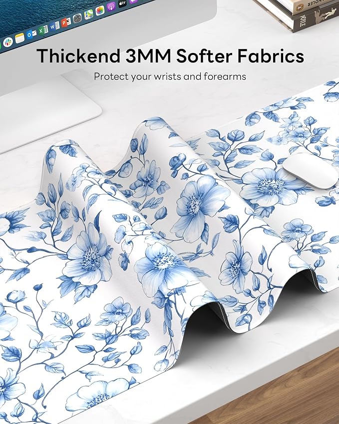 Floral Mouse Pad, 31.5 x 11.8 Large Desk Mat with Stitched Edges & Non-Slip Base, Mousepad for Office, Home, Work, Blue White Flower