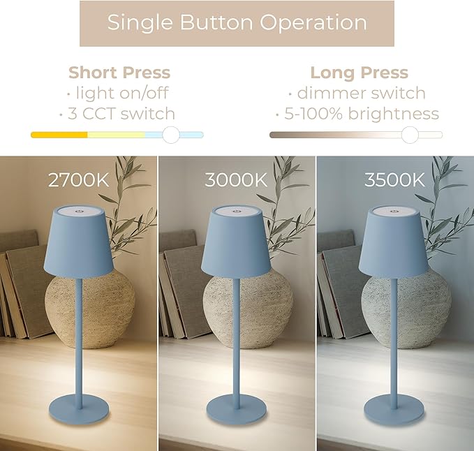 Versa LED Cordless USB-C Re-Chargeable Desk Lamp, 5200mAh Battery Operated with 3 Color Temperature 2700K-3000K-3500K and Fingertip Touch On/Off Plus Dimming with Two 5in Adj Height Stems in Sky Blue