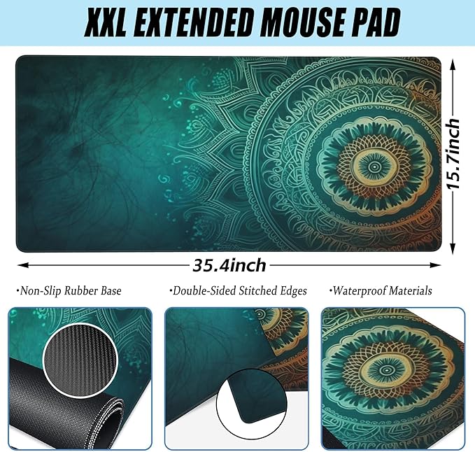Large Gaming Mouse Pad for Desk,Retro Mandala Flower Desk Mat for Desktop,Mandala Floral Desk Pad, Extended Big Computer Keyboard Mouse Pad with Non-Slip Base and Stitched Edge 35.4"x15.7"