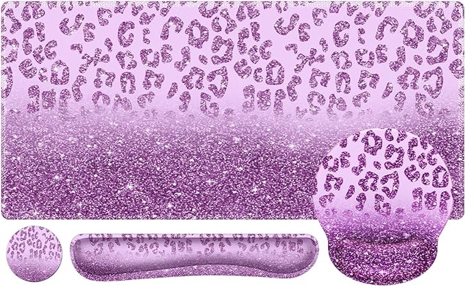 iLeadon Mouse Pad Set, Desk Mat + Mouse Pad with Wrist Rest + Keyboard Wrist Rest + Coaster, 4in1 Large Gaming Mouse Pad Glitter Leopard Mouse and Keyboard Pad Set for Home Office, Purple