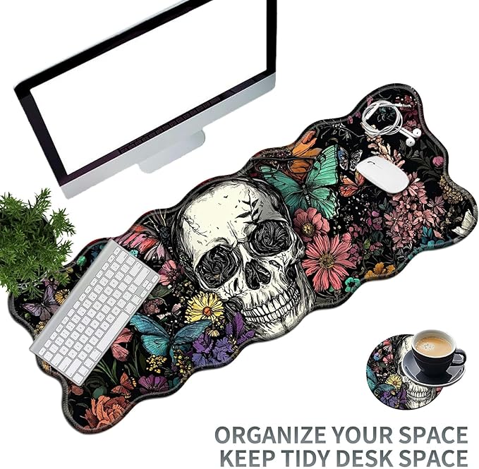 Sugar Skull Flowers Large Gaming Mouse Pad Plus a Coaster, 31.5 x 11.8 inches Desk Mat Extended XL Mousepad with Stitched Edge Non-Slip Rubber, Desk Pad Computer Mouse Mat for Home Office