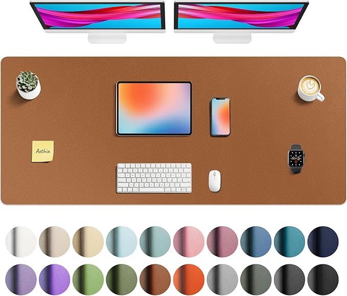 Aothia Faux Leather Desk Mat - Non-Slip PU Leather Desk Blotter, Waterproof Writing Surface, Large Desk Pad for Office & Home (Brown, 55" x 24")