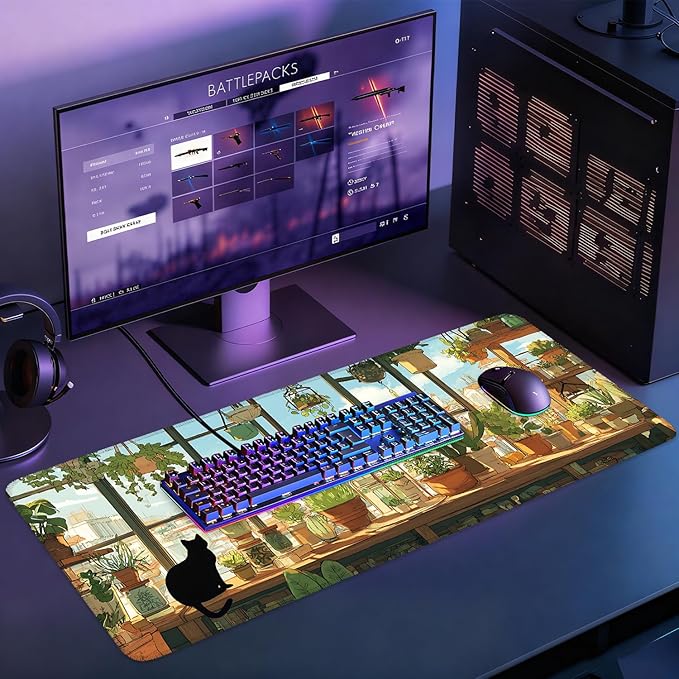 Desk Mat, XXL Extended Gaming Pad for Desktop, 35x16 Inches Cat Lover Kitty in Window with Houseplants, Large Non-Slip Vegan Leather Surface with Stitched Edges, Keyboard Mouse Mat for Home Office