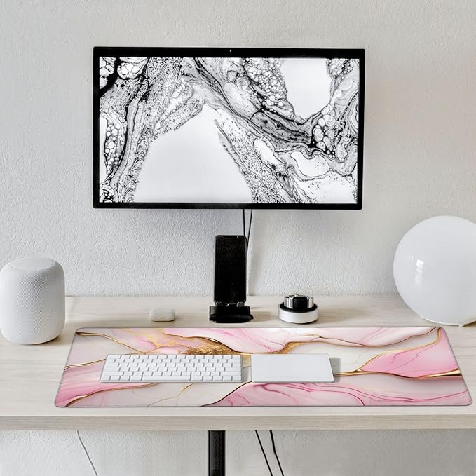 Gaming Mouse Pad,Large Mouse Pads for Desk,Non-Slip Rubber Base Extended Mousepad,XXL Keyboard Mouse Mat,Computer Keyboard Desk Pad with Stitched Edges,35.4x15.8inch,Pink Gold Marble