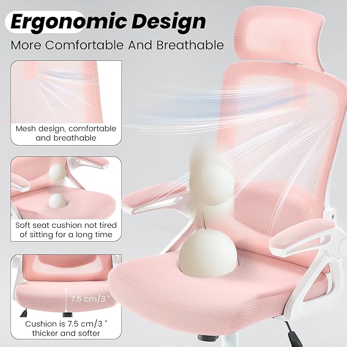 Fizzin Ergonomic Office Chair, 400 LBS Desk Chair with Adjustable Lumbar Support, High Back Breathable Mesh Computer Chair Rolling Work Swivel Task Chairs, Comfy Home Office Desk Chair (Pink)