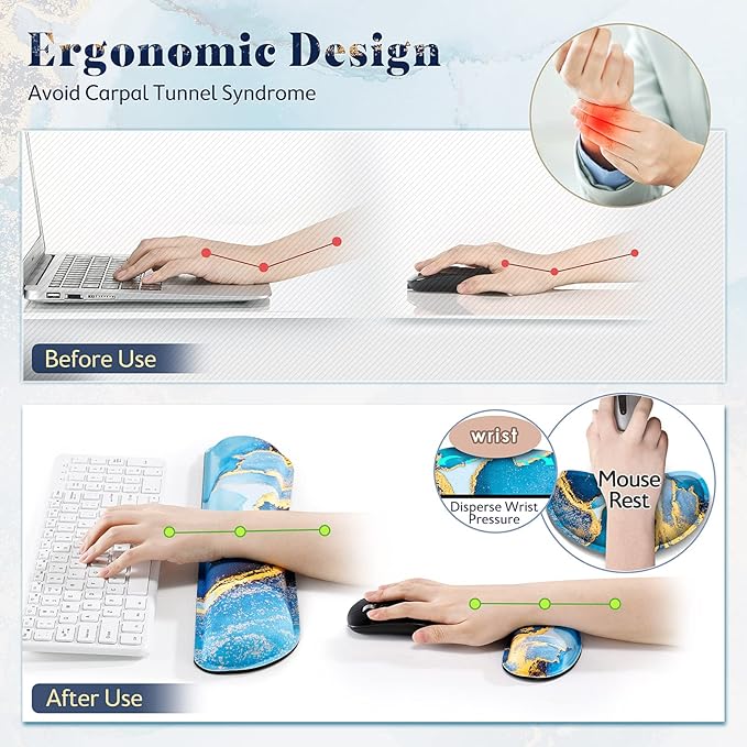 Gimars Upgrade Enlarge Gel Memory Foam Set Keyboard Wrist Rest Pad, Mouse Wrist Cushion Support for Office, Computer, Laptop, Mac, Comfortable, Lightweight for Easy Typing, Blue Gloden