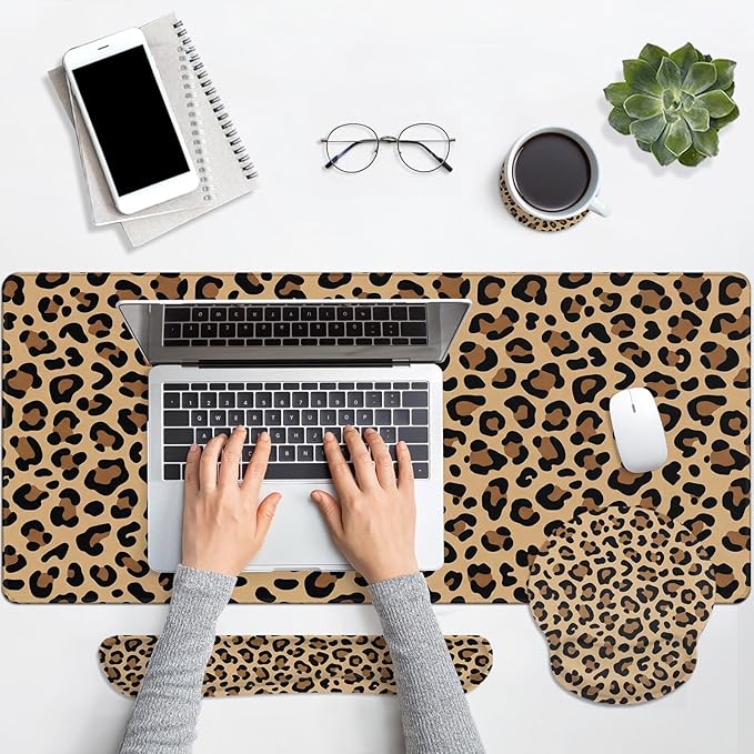 Arttown Leopard Desk Mat Brown and Black Leopard Print Mouse Pad Set 4 in 1 Ergonomic Design Large Mouse Pad + Keyboard Wrist Rest + Mouse Wrist Rest + Coaster Suitable for Home Office Study Game