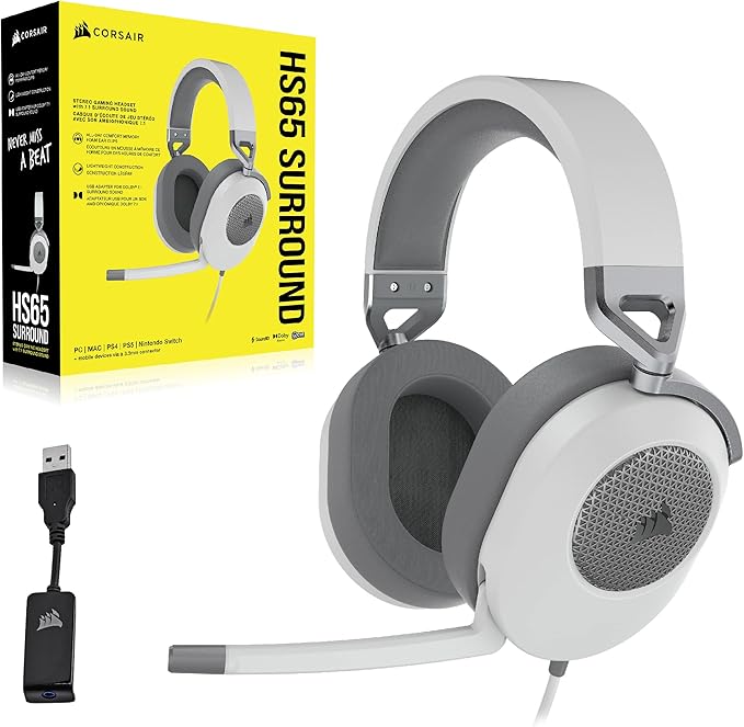 Corsair HS65 Surround Multiplatform Wired Gaming Headset – Dolby Atmos – SonarWorks SoundID – iCUE Compatible – PC, Mac, PS5, PS4, Xbox, Nintendo Switch, Mobile – White