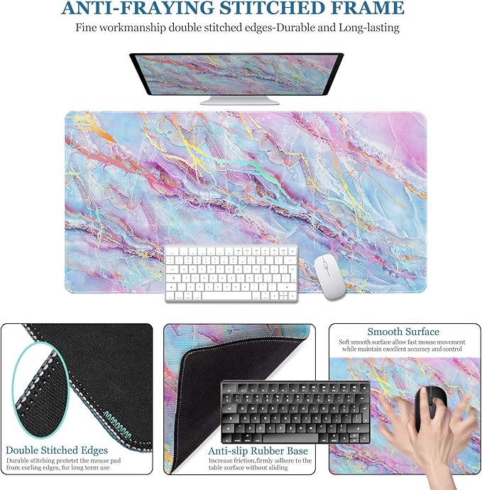 Desk Mat, Desk Matt for Desktop, DeskPad Mat, XXL Large Mouse Pad for desks, Anti-Slip Big Mousepad with Stitched Edges, Keyboard Pad Mouse Mats for Computer, Work, Game, Office, Home, Purple Marble