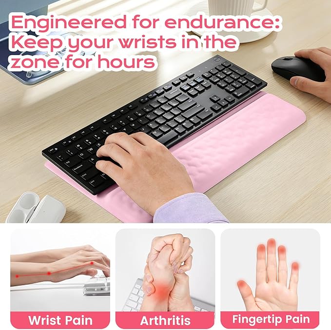 Keyboard Wrist Rest with Ergonomic Height - Computer Keyboard Stand & Soft Cushioned Pad for Wrist - Non-Slip Typing Support for Office, Gaming & Home (Pink)