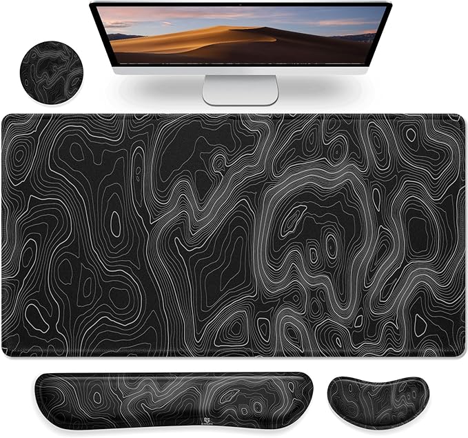 Gimars 4 in 1 Mouse Pad and Keyboard Wrist Rest Set, Large Mouse Pad with Memory Foam Wrist Support Pad for Desk with Coaster, Easy Typing, Gaming Office Home 31.5x12 in, Topographic Map