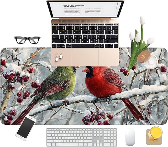 Christmas Bird Extended Gaming Mouse Pad 35.4x15.7Inch Large Desk Mat Anti-Slip Rubber Base & Durable Stitched Edges for Gamers Smooth Mouse Writing Surface for Desk Office/Home