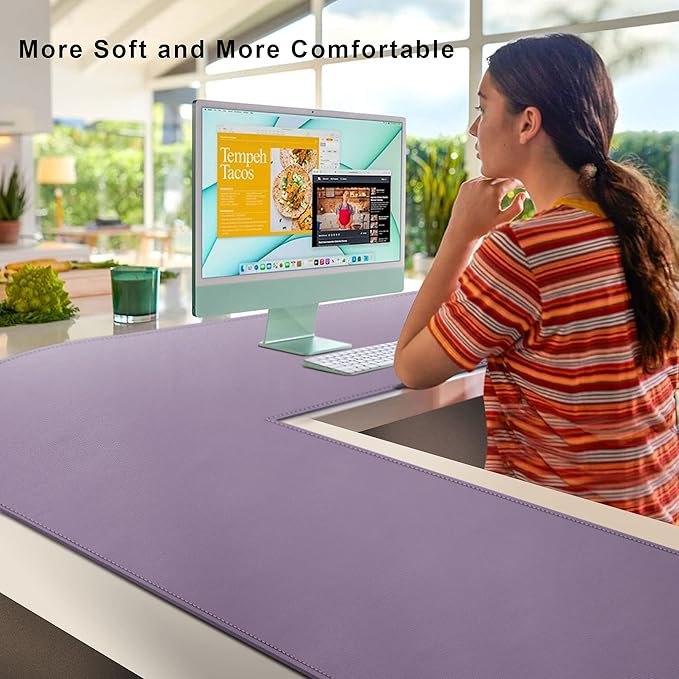 Vyaaa L-Shaped Leather Desk Pad, Two Tone Gaming Mouse Pad for Corner Desk Mat, Office and Home, 43 x 43 x 15.7 Inch(Purple)