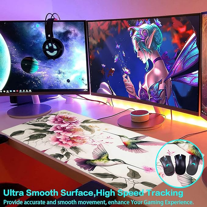 Desk Mat,Colibri and Pink Flowers Large Gaming Mouse Pad for Desk XXL,Birds and Floral Desk Pad,Extended Big Computer Keyboard Mouse Pad with Non-Slip Base and Stitched Edge 35.4"x15.7"