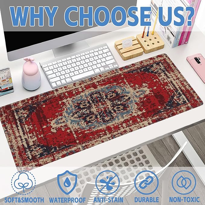 Desk Mat,Boho Carpet Style Large Gaming Mouse Pad XL,Boho Rug Desk Pad,Extended Big Computer Keyboard Mouse Pad with Non-Slip Base and Stitched Edges 31.5"x11.8"
