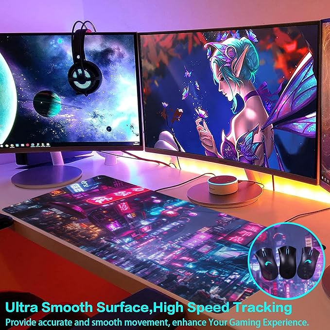 Desk Mat,Cyberpunk Neon City Large Gaming Mouse Pad for Desk XXL,Futuristic Night Street Desk Pad,Extended Big Computer Keyboard Mouse Pad with Non-Slip Base and Stitched Edge 35.4"x15.7"