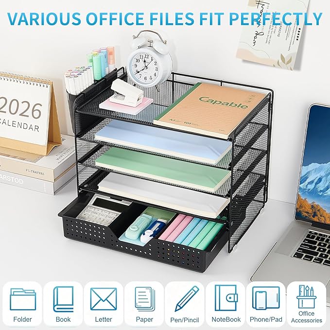 Desk Organizer and Accessories, 5-Tier Paper Letter Tray Organizer with Drawer & 2 Pen Holders for Desktop File Organization, Office Desk Accessories for Supplies Storage (Black)