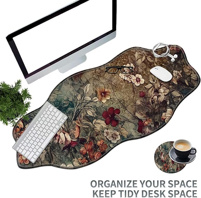 Dark Art Flowers Large Gaming Mouse Pad Plus a Coaster, 35.4 x 15.7 inches Desk Mat Extended XXL Mousepad with Stitched Edge Non-Slip Rubber, Desk Pad Computer Mouse Mat for Home Office