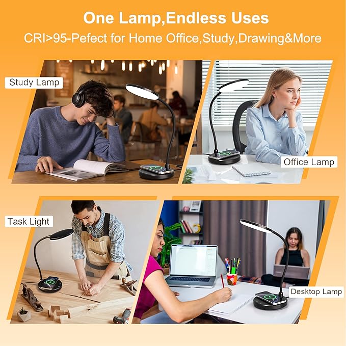 Sailstar Desk Lamp for Home Office, Small Desk Lamp with Wireless Charger, Dimmable 3 Color Modes Study Lamp, Adjustable Neck 800LM Eye-Caring Desk Light, Bedside, College Dorm, Adapter Included