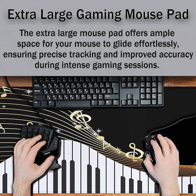 Large Mousepad Music Notes Keyboard Pad Large Gaming Mouse Pads XXL Mouse Pad Gaming Non-Slip Rubber Base 35.4 X 15.7 for Game Office, Black Piano Musical Instrument and Notes