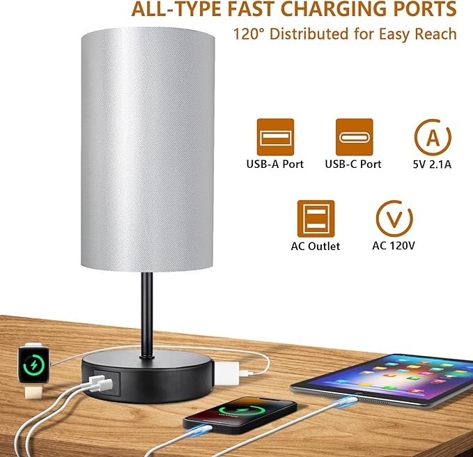HiBay 2-Set 17.75" Touch Bedside Table Lamps with USB Charging Ports & AC Outlet, Industrial Black 3-Way Dimmable LED Nightstand Lights with Silver-Gray Shade for Bedroom Living Room Decor