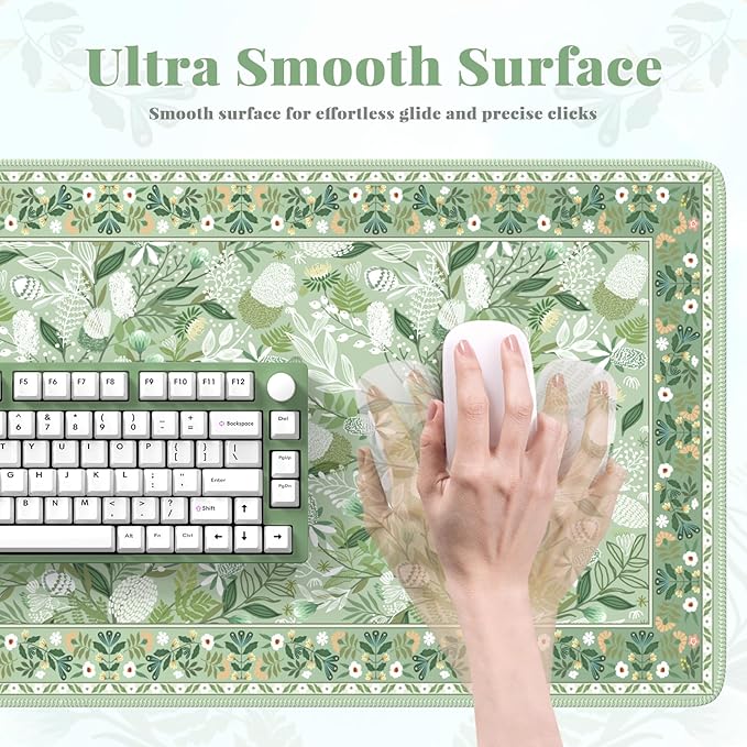 Large Mouse Pad for Desktop, Cute Desk Mat Pad Protector for Work, Aesthetic Pretty Anti-Slip Keyboard Cover for Office School Home Supplies, Green Floral, 35.4" x 15.7"