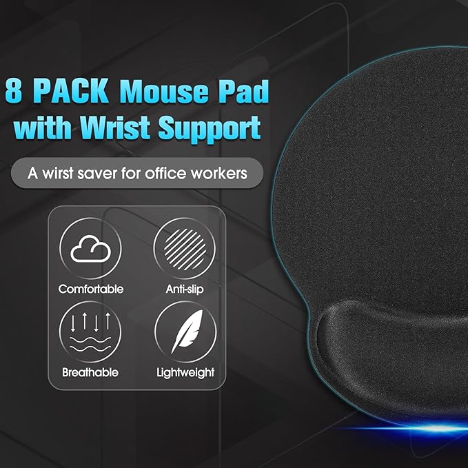Yunsailing 8 Pack Ergonomic Mouse Pad with Wrist Rest Support Gel Memory Foam Mousepad Comfortable Computer Pad for Wrist Support (Black)