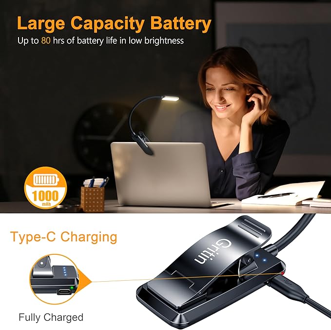 Gritin 9 LED Rechargeable Book Light for Reading in Bed -Eye Caring 3 Color Temperatures,Stepless Dimming Brightness,80 Hrs Runtime Small Lightweight Clip On Book Reading Light for Studying