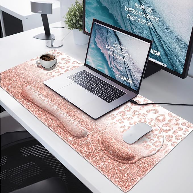 iLeadon Mouse Pad Set, Desk Mat + Mouse Pad with Wrist Rest + Keyboard Wrist Rest + Coaster, 4in1 Glitter Leopard Mouse and Keyboard Pad Set for Home Office, Pink Rose Gold Leopard