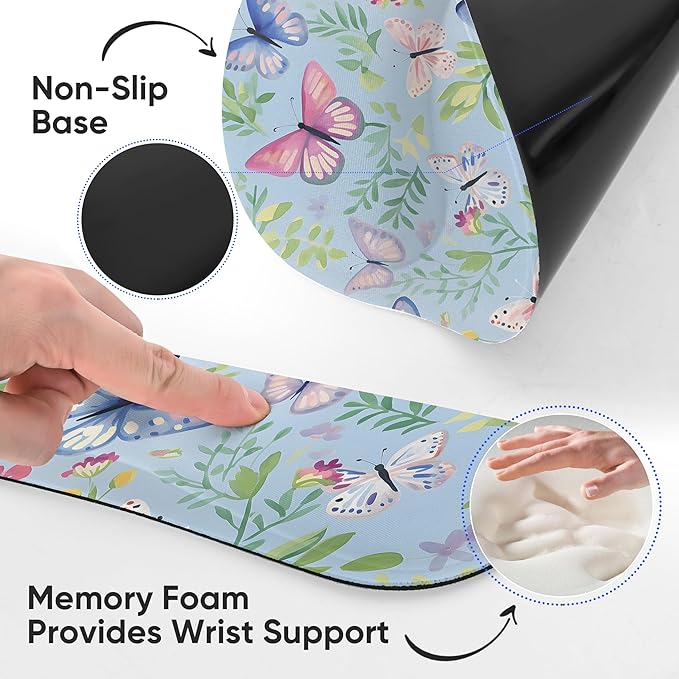 Ergonomic Keyboard Mouse Pad Wrist Rest Support Set for Laptop/Computer/Desktop,Memory Foam Hand Rest Wrist Cushion for Gaming/Office,Lightweight Comfortable (Butterflies)