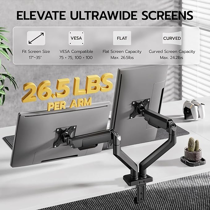 ARES WING Dual Monitor Mount, Heavy Duty Monitor Arms for 2 Monitors for 17-35 Inch, Fully Adjustable Monitor Desk Stand with USB A/C for Ultrawide Screen, VESA 75x75 or 100x100mm, Black