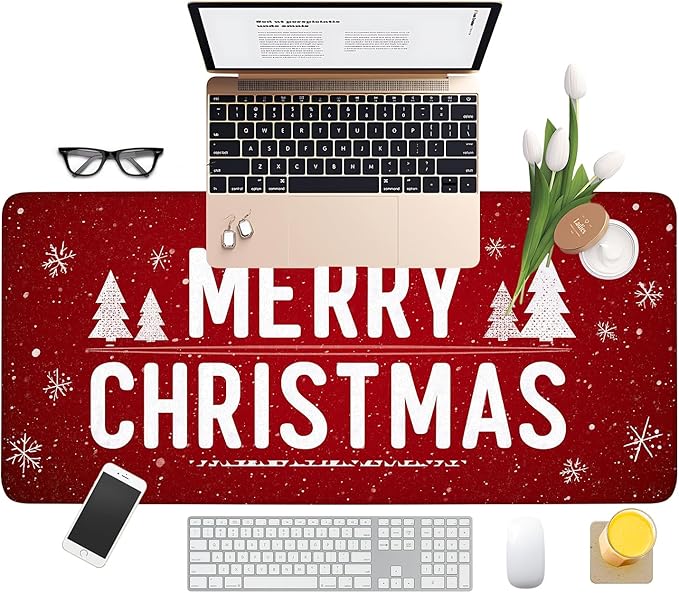 Merry Christmas Extended Gaming Mouse Pad 35.4x15.7Inch Large Desk Mat Anti-Slip Rubber Base & Durable Stitched Edges for Gamers Smooth Mouse Writing Surface for Desk Office/Home