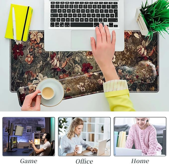 3Pcs Mouse Pad Set, Dark Art Flowers Large Gaming Mouse Pad with Stitched Edge, Ergonomic Memory Foam Keyboard Wrist Support and Mouse Wrist Rest Cushion, Pain Relief Non-Slip Desk Pad Combo