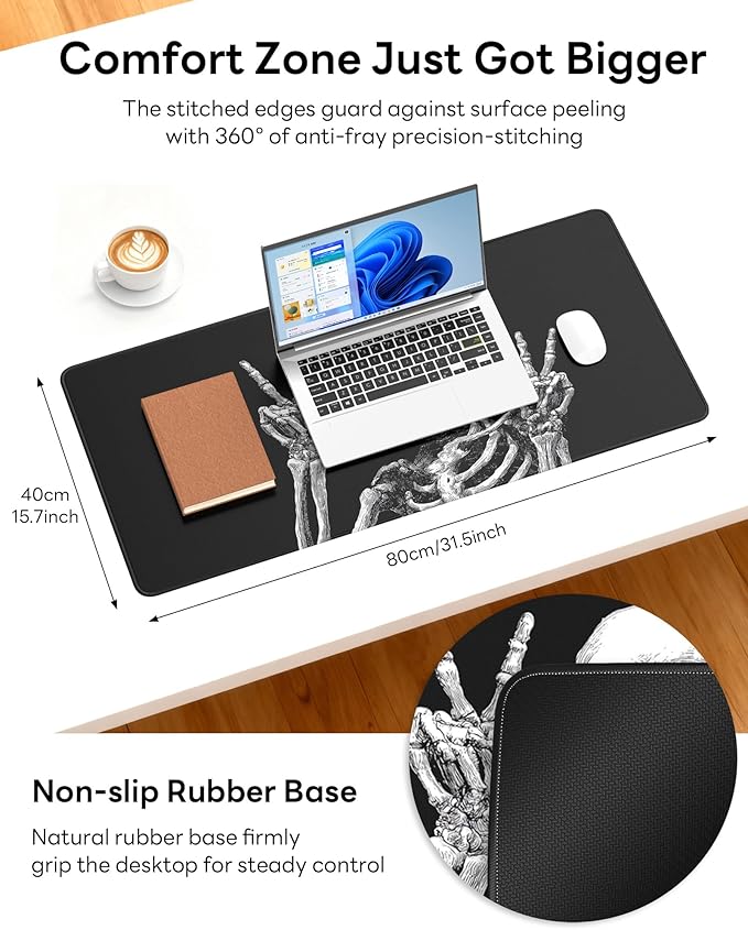 XL Gaming Mouse Pad, 31.5x15.7'' Large Desk Mat with Anti-Slip Rubber Base & Stitched Edges for Gaming, Office, Home, Fun Skull