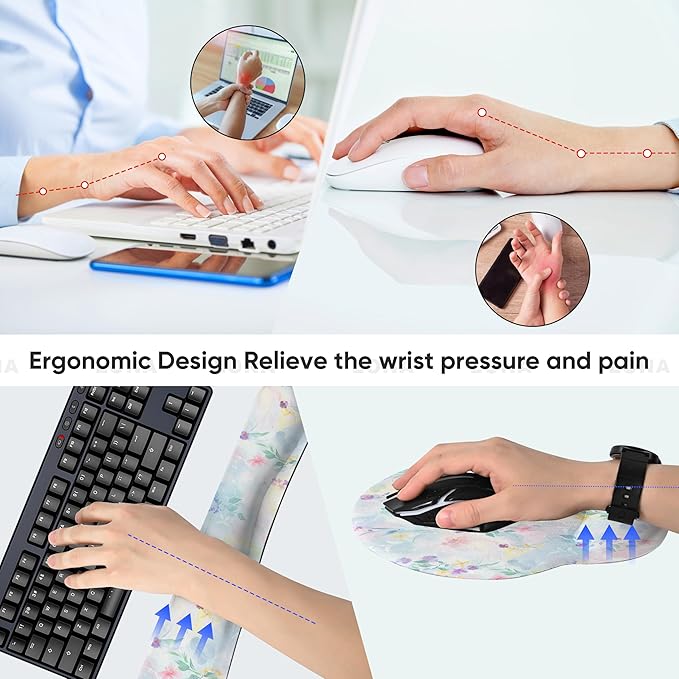 Ergonomic Keyboard Mouse Pad Wrist Rest Support Set for Laptop/Computer/Desktop,Memory Foam Hand Rest Wrist Cushion for Gaming/Office,Lightweight Comfortable (Colorful Flowers)