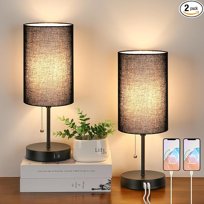 Set of 2 Table Lamps with 2 USB Ports, Bedside Lamps for Bedrooms, Modern Nightstand Lamps with Pull Chain, Minimalist Desk Lamps with Black Fabric Shade and Metal Base for Living Room Home Office