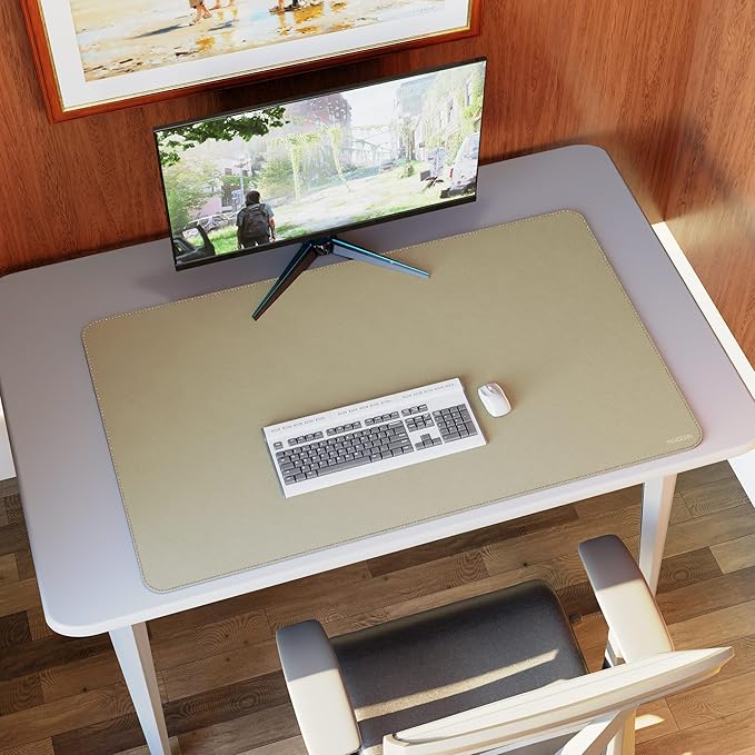 MAIDERN 40” x 24” Leather Desk Mat XL, Large Desk Pad, Reversible Cork & Leather Large Mouse pad for Desk, Waterproof Computer Desk Mat for Gaming Home Office (Golden)