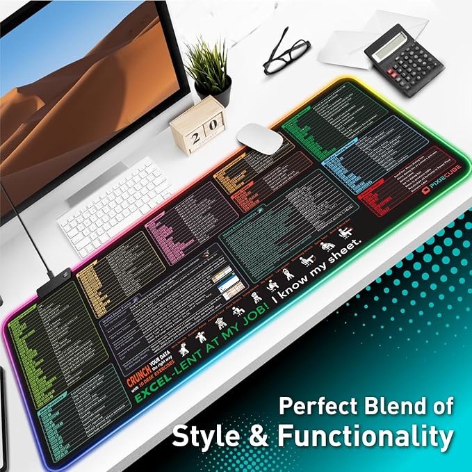 Excel Shortcut Keys LED Mouse Pad - Colorful RGB Luminous Extended Large Cheat Sheet Gaming Mousepad| PC Office Spreadsheet Keyboard Mat| Non-Slip Stitched Edge