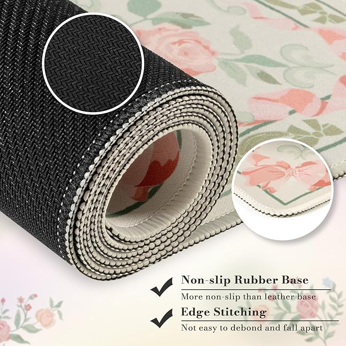 HAOCOO Cute Floral Desk Mat, Green Mouse Pad, Waterproof Desk Matt for Desktop, 35.4" x 15.7" Non-Slip Desk Mouse Pad, Keyboard Mat with Stitched Edge, Desk Pad Mat for Office, Home
