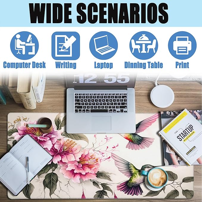 Desk Mat,Colibri and Pink Flowers Large Gaming Mouse Pad for Desk XXL,Birds and Floral Desk Pad,Extended Big Computer Keyboard Mouse Pad with Non-Slip Base and Stitched Edge 35.4"x15.7"