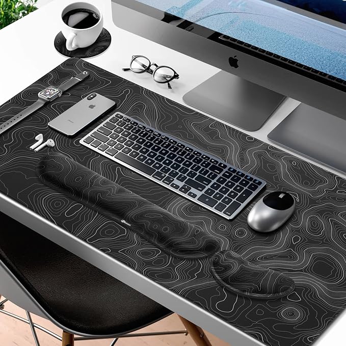 Gimars 4 in 1 Mouse Pad and Keyboard Wrist Rest Set, Large Mouse Pad with Memory Foam Wrist Support Pad for Desk with Coaster, Easy Typing, Gaming Office Home 31.5x12 in, Topographic Map