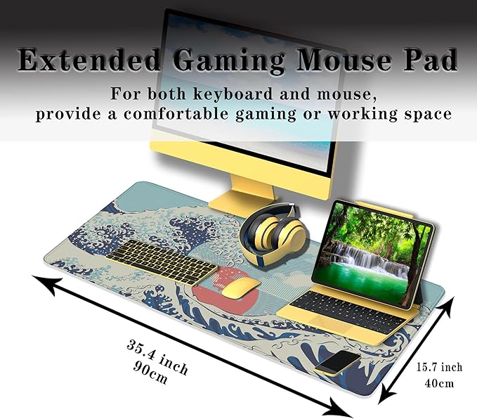 Extra Large Mouse Pad Blue XXL Mousepad, Big Mouse Pads Office Desk Mats, Desk Pad Mat Waterproof Non-Slip Rubber Base, 35.4 X 15.7 inch for Work/Game/Office/Home Japanese Great Wave Art